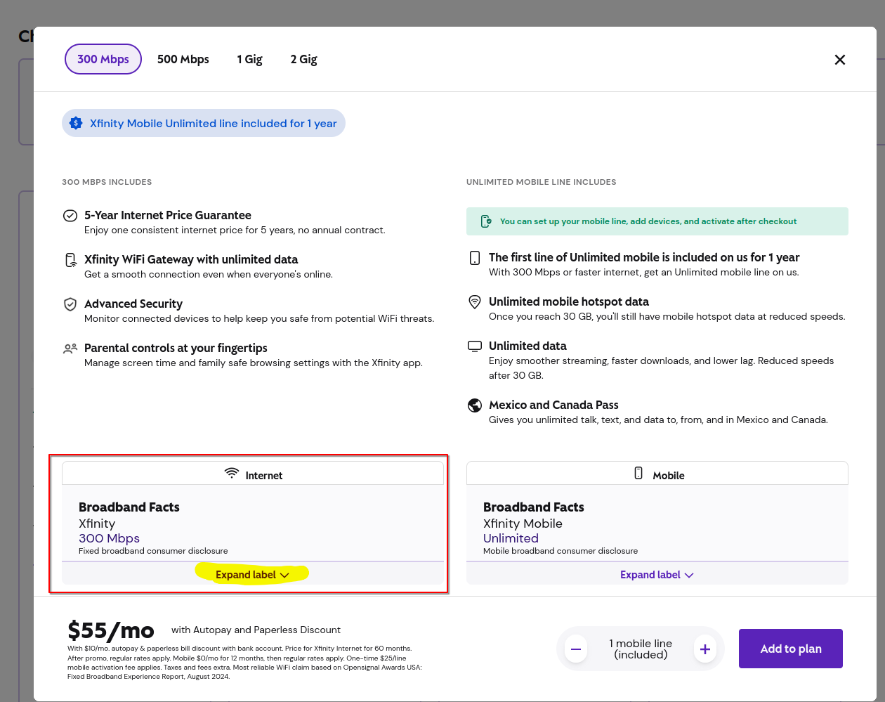 Here is an example of hidden broadband facts label provided by Xfinity